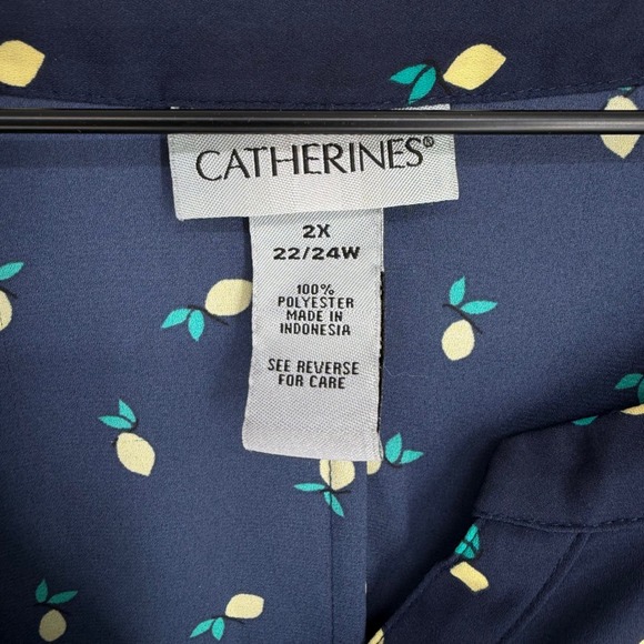 Lemon Navy Ditsy Blouse 2X 22/24 Cottagecore Grandmillennial Feminine Roll Tab - Picture 8 of 9